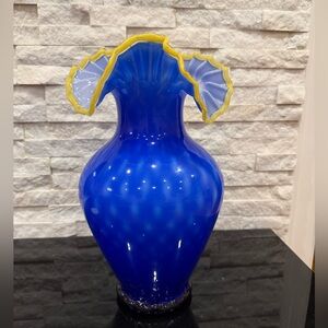 Murano Cobalt Blue Art Glass Vase with Yellow-Rimmed Ruffled Neck